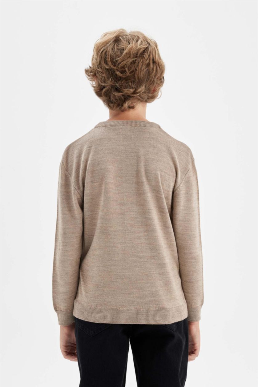 Young Boys - Teen Boys Beige Melange Boy Beige Crew Neck Knitted Basic Pullover