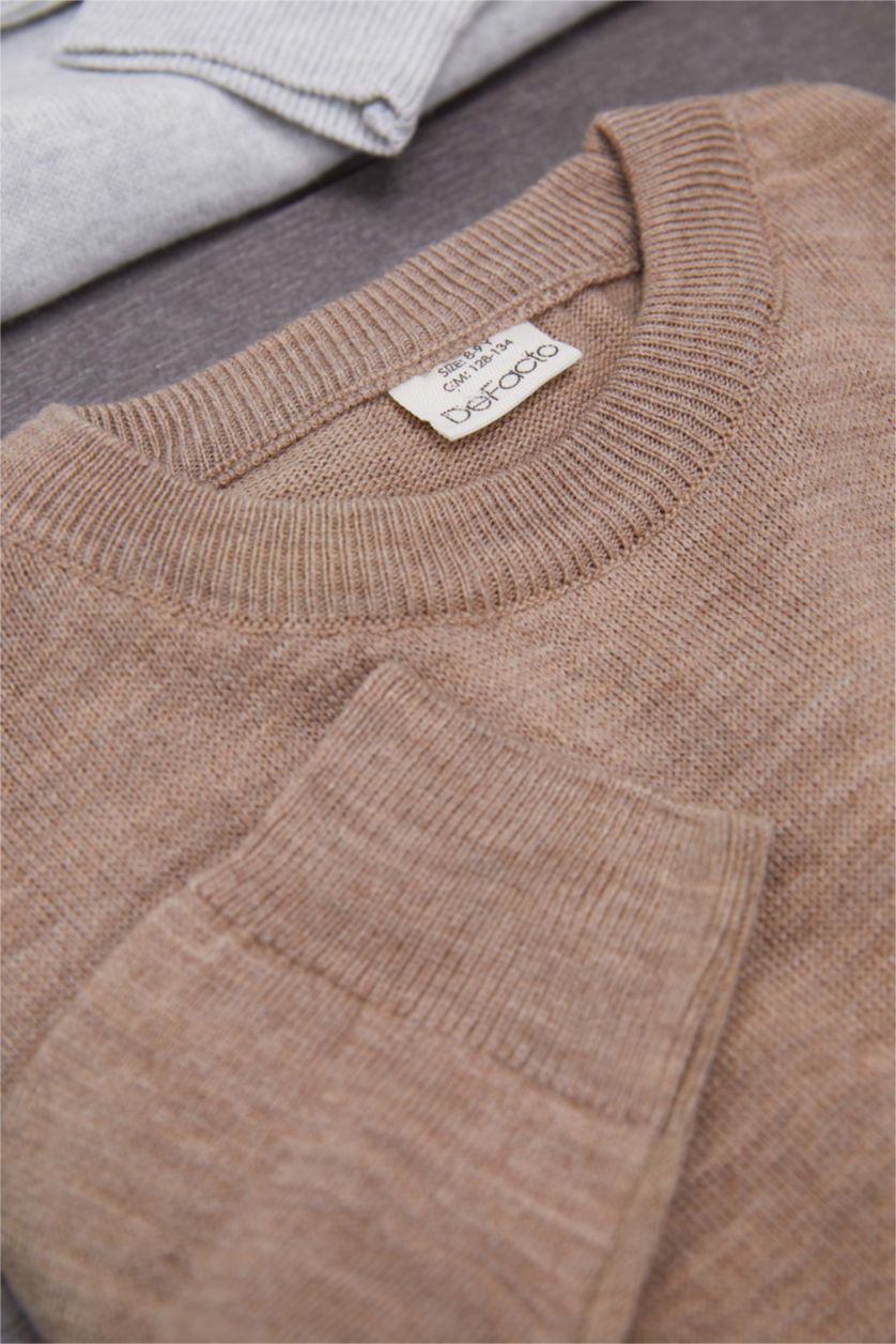 BOYS & TEENS Beige Melange Boy Beige Crew Neck Knitted Basic Pullover