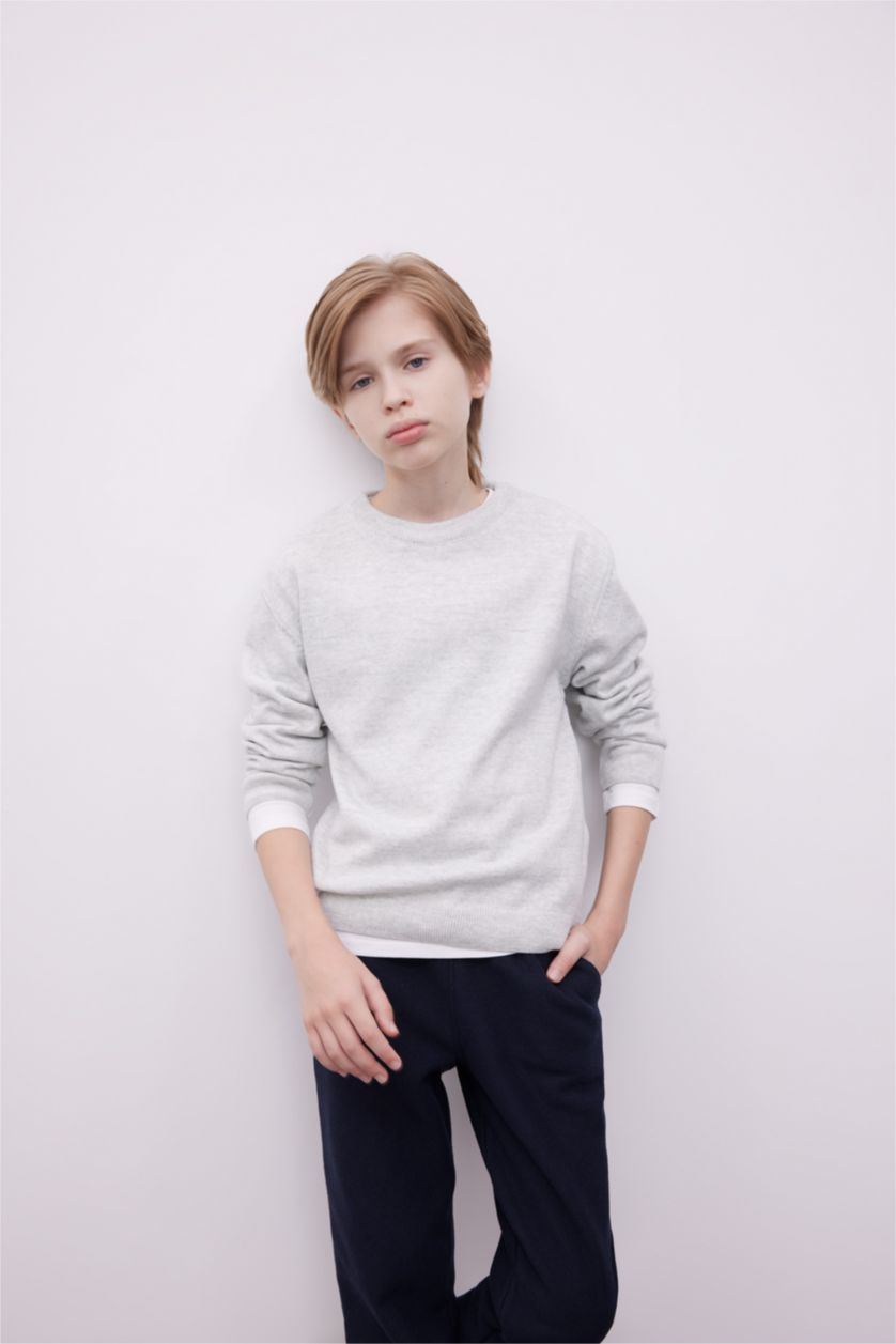 Мальчики и подростки Светло-серый меланж Пуловер стандартного кроя с круглым вырезом из трикотажа для мальчиков