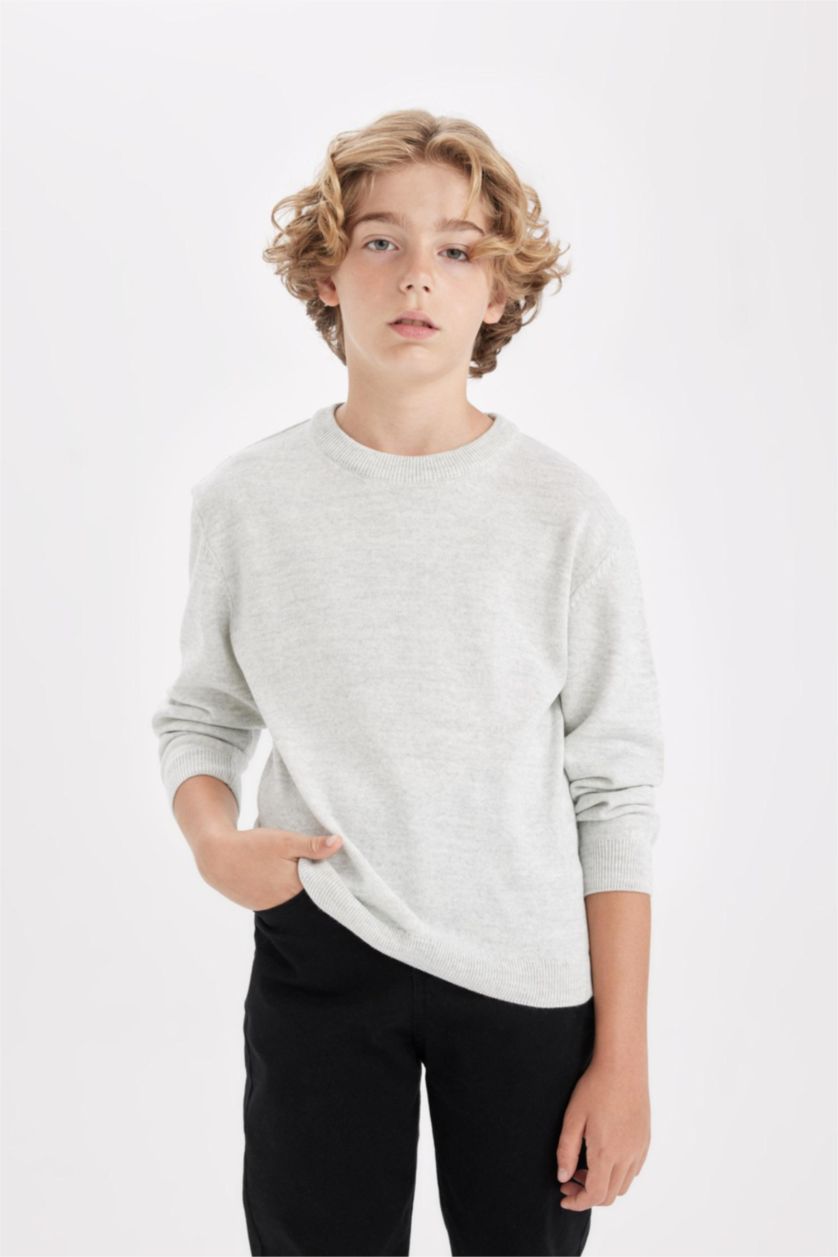 Мальчики и подростки Светло-серый меланж Пуловер стандартного кроя с круглым вырезом из трикотажа для мальчиков
