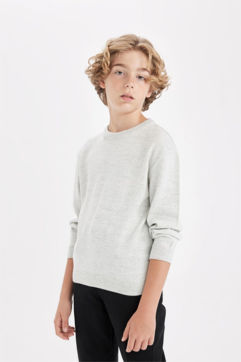 Мальчики и подростки Светло-серый меланж Пуловер стандартного кроя с круглым вырезом из трикотажа для мальчиков