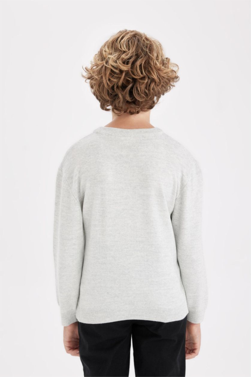 Мальчики и подростки Светло-серый меланж Пуловер стандартного кроя с круглым вырезом из трикотажа для мальчиков