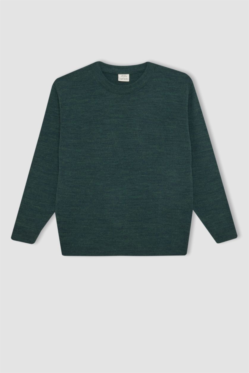 BOYS & TEENS Khaki Melange Boy Crew Neck Basic Knitted Pullover
