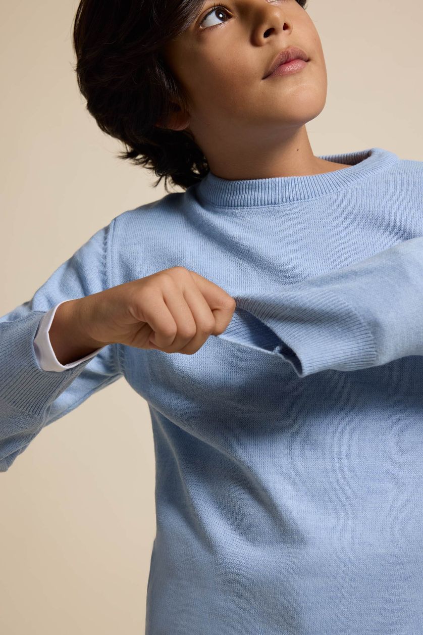 Erkek Çocuk - Genç Erkek Mavi Melanj Bisiklet Yaka Triko Kazak Erkek Çocuk