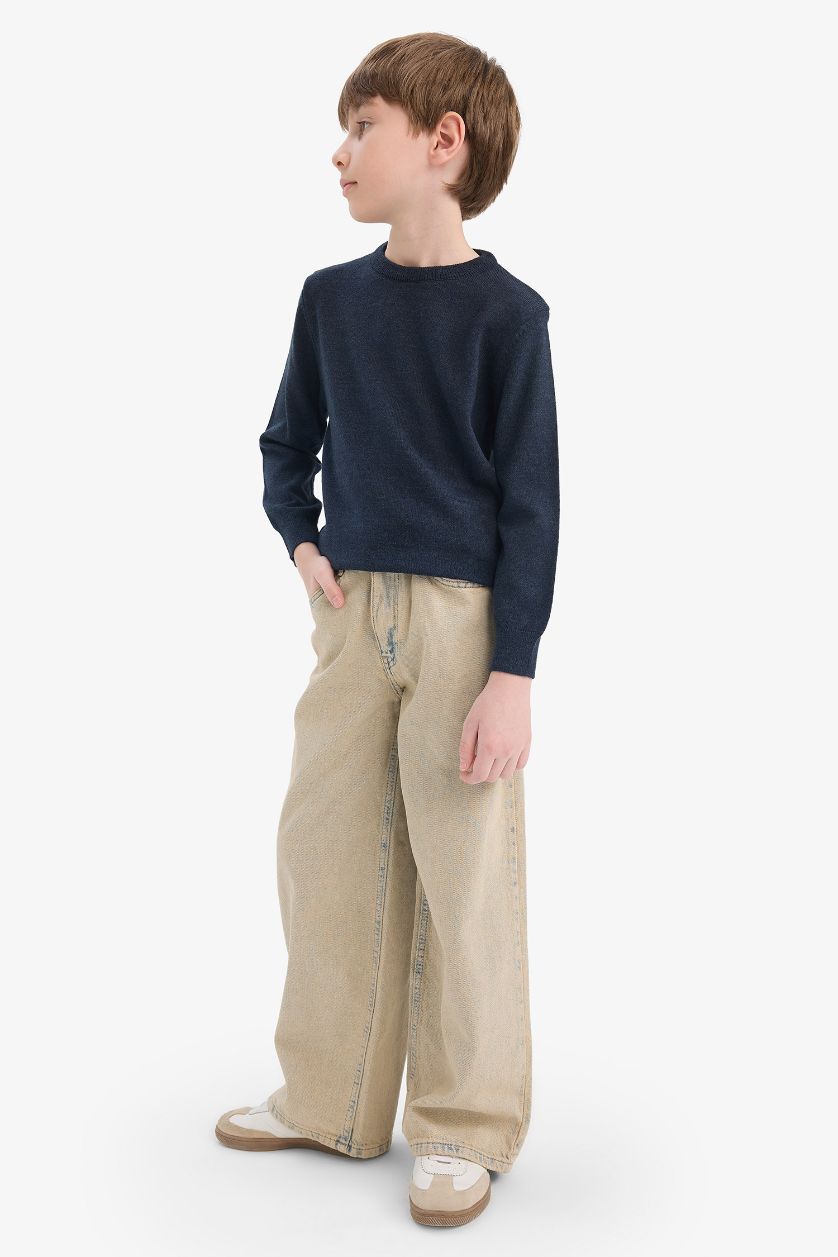 Boys & Teens Navy Melange Boy Regular Fit Crew Neck Knit Pullover