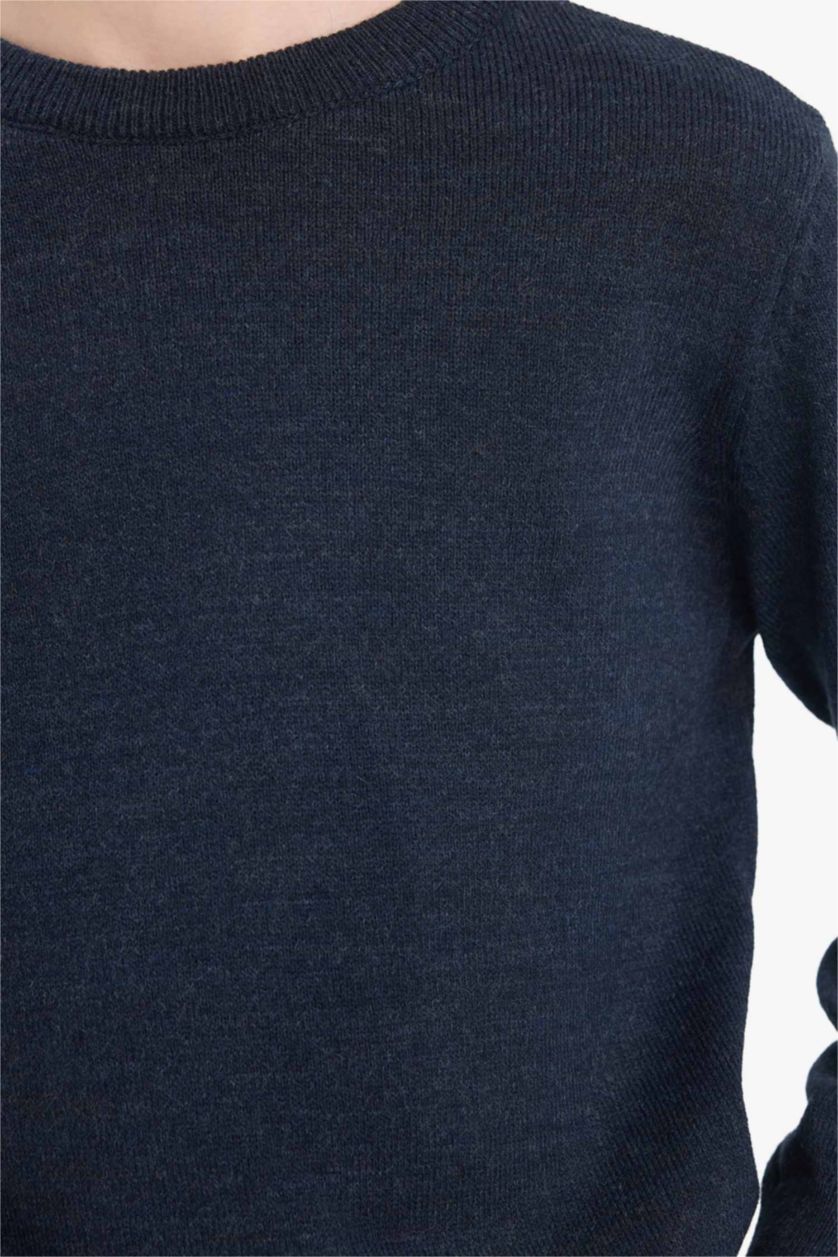 Boys & Teens Navy Melange Boy Regular Fit Crew Neck Knit Pullover