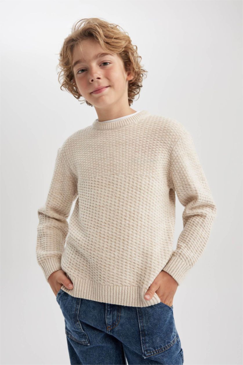 Хлопчачий Бежевий меланж Пуловер стандартного крою з круглим вирізом трикотажний для хлопчиків
