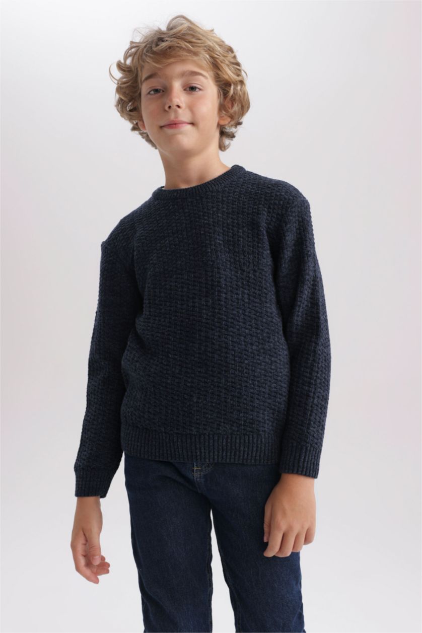 Хлопчачий Синій Пуловер стандартного крою з круглим вирізом трикотажний для хлопчиків