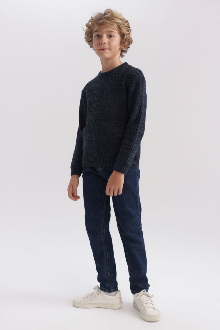 Хлопчачий Синій Пуловер стандартного крою з круглим вирізом трикотажний для хлопчиків