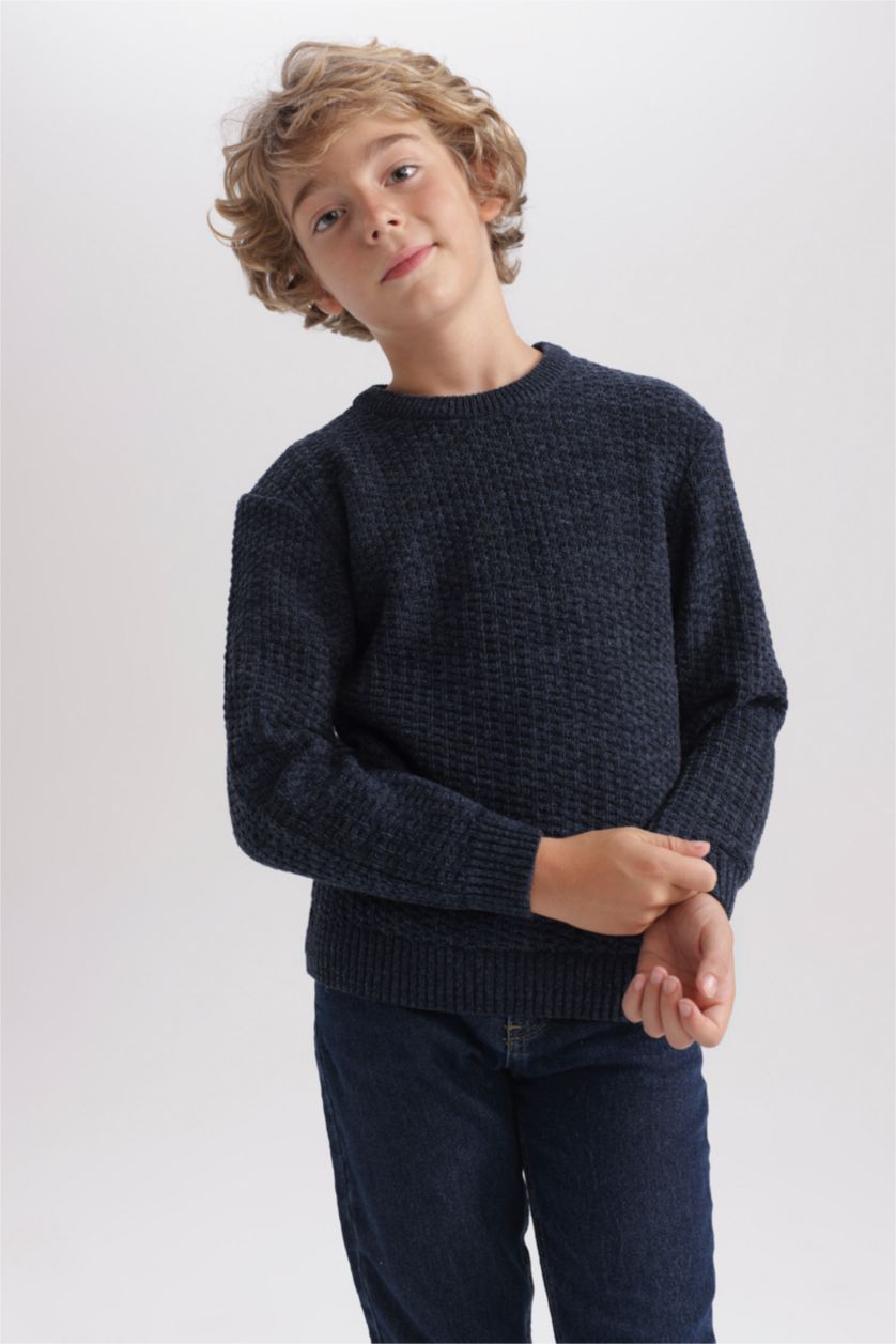 Хлопчачий Синій Пуловер стандартного крою з круглим вирізом трикотажний для хлопчиків