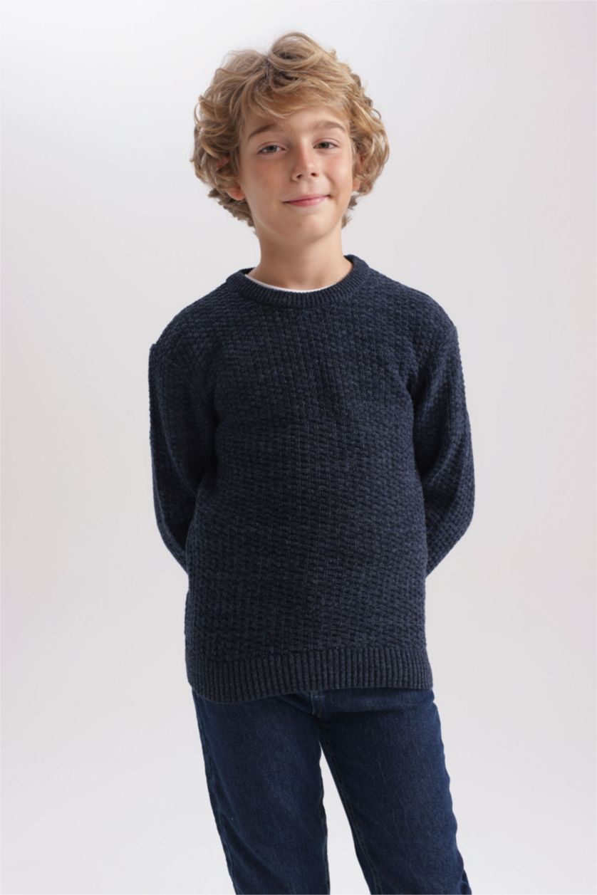 Хлопчачий Синій Пуловер стандартного крою з круглим вирізом трикотажний для хлопчиків