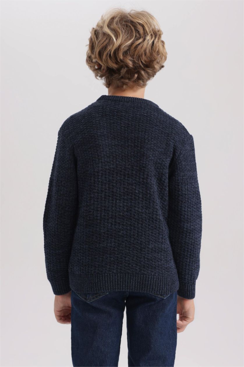 Хлопчачий Синій Пуловер стандартного крою з круглим вирізом трикотажний для хлопчиків