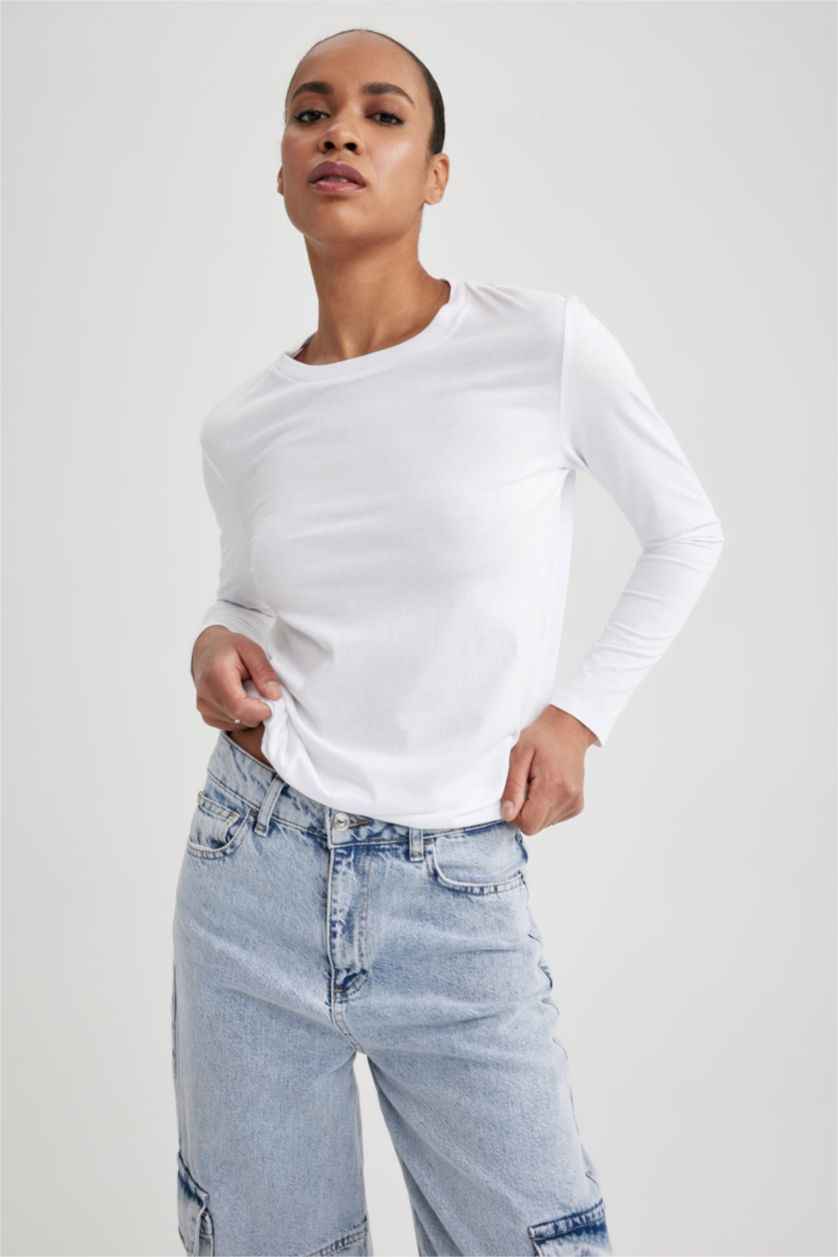 Kadın Beyaz Regular Fit Uzun Kollu %100 Pamuk Tişört