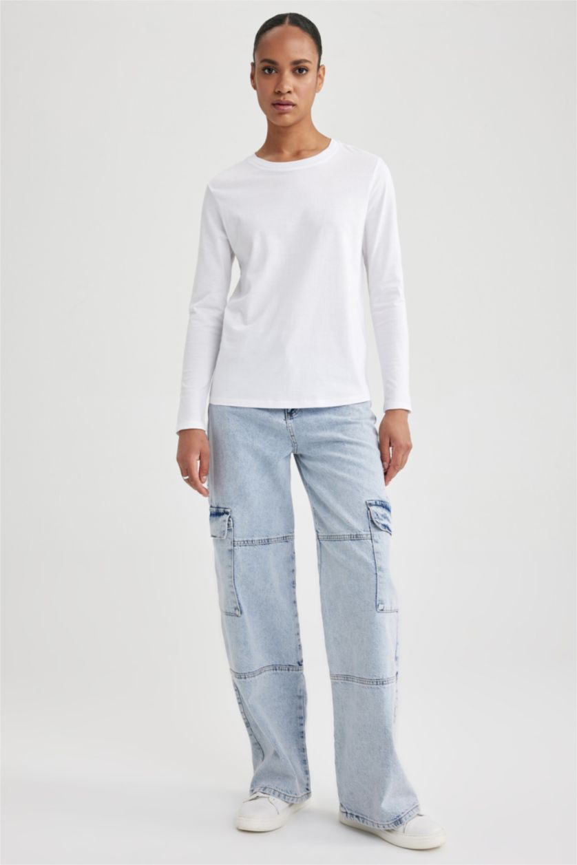 Kadın Beyaz Regular Fit Uzun Kollu %100 Pamuk Tişört