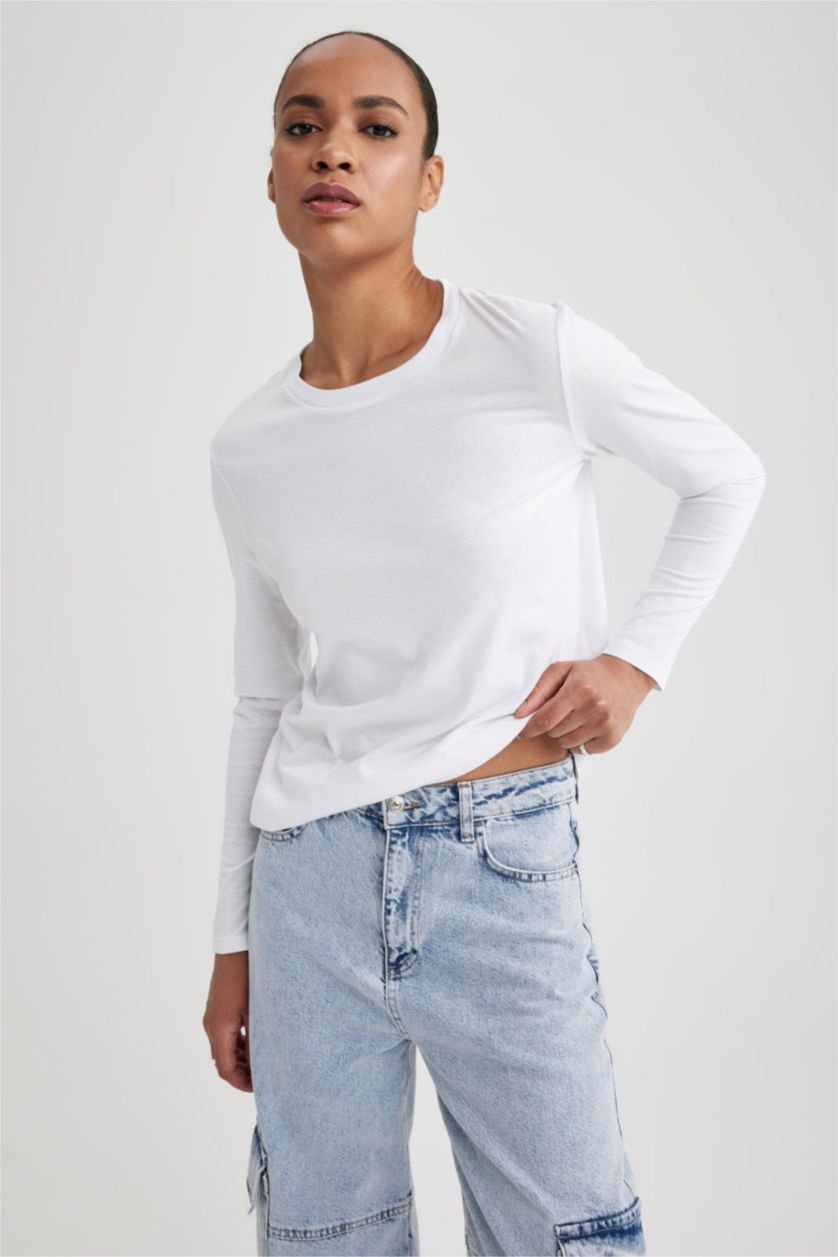 Kadın Beyaz Regular Fit Uzun Kollu %100 Pamuk Tişört