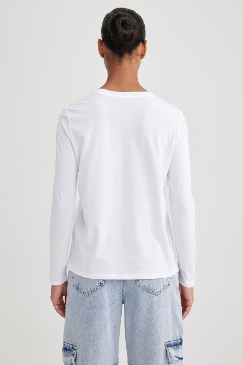 Kadın Beyaz Regular Fit Uzun Kollu %100 Pamuk Tişört