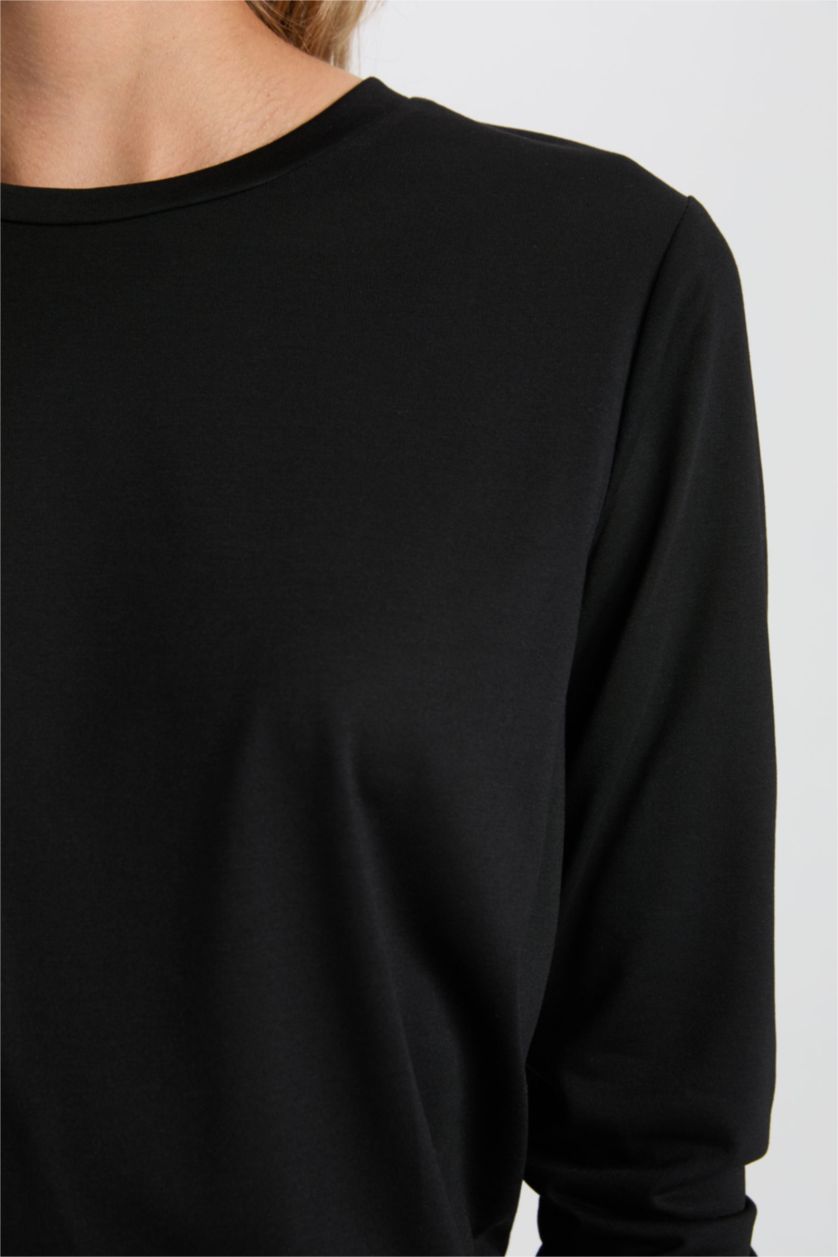 Kadın Siyah Regular Fıt Penye Uzun Kollu Tişört