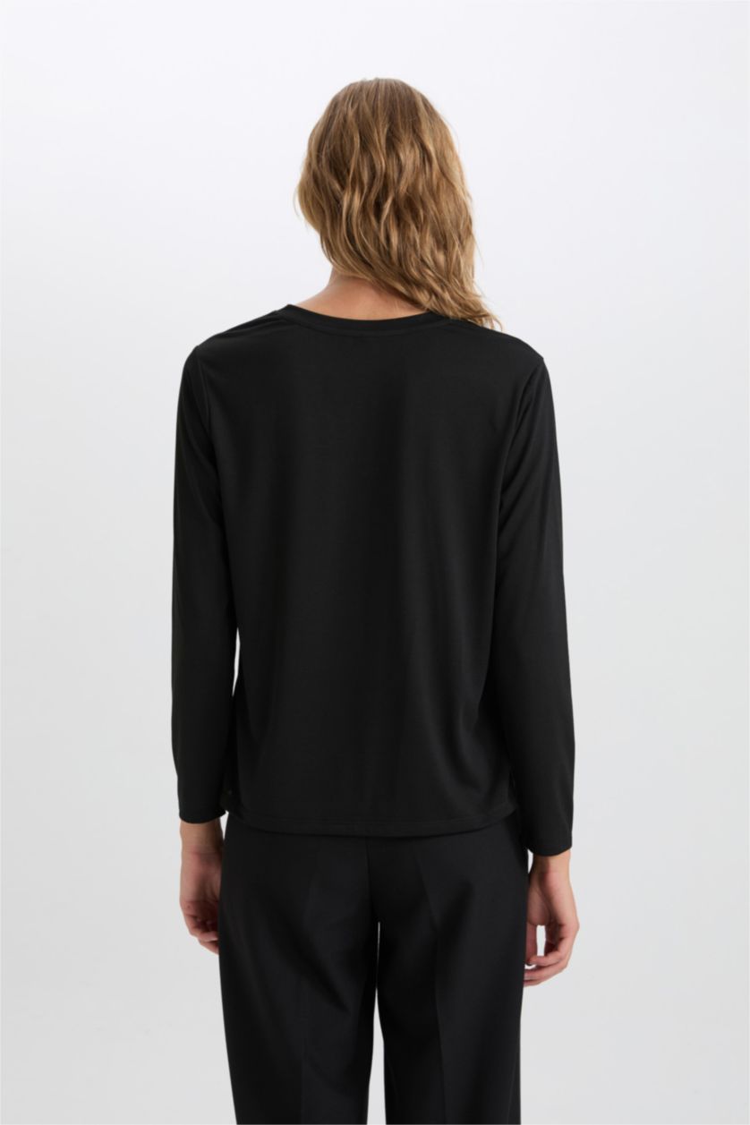 Kadın Siyah Regular Fıt Penye Uzun Kollu Tişört