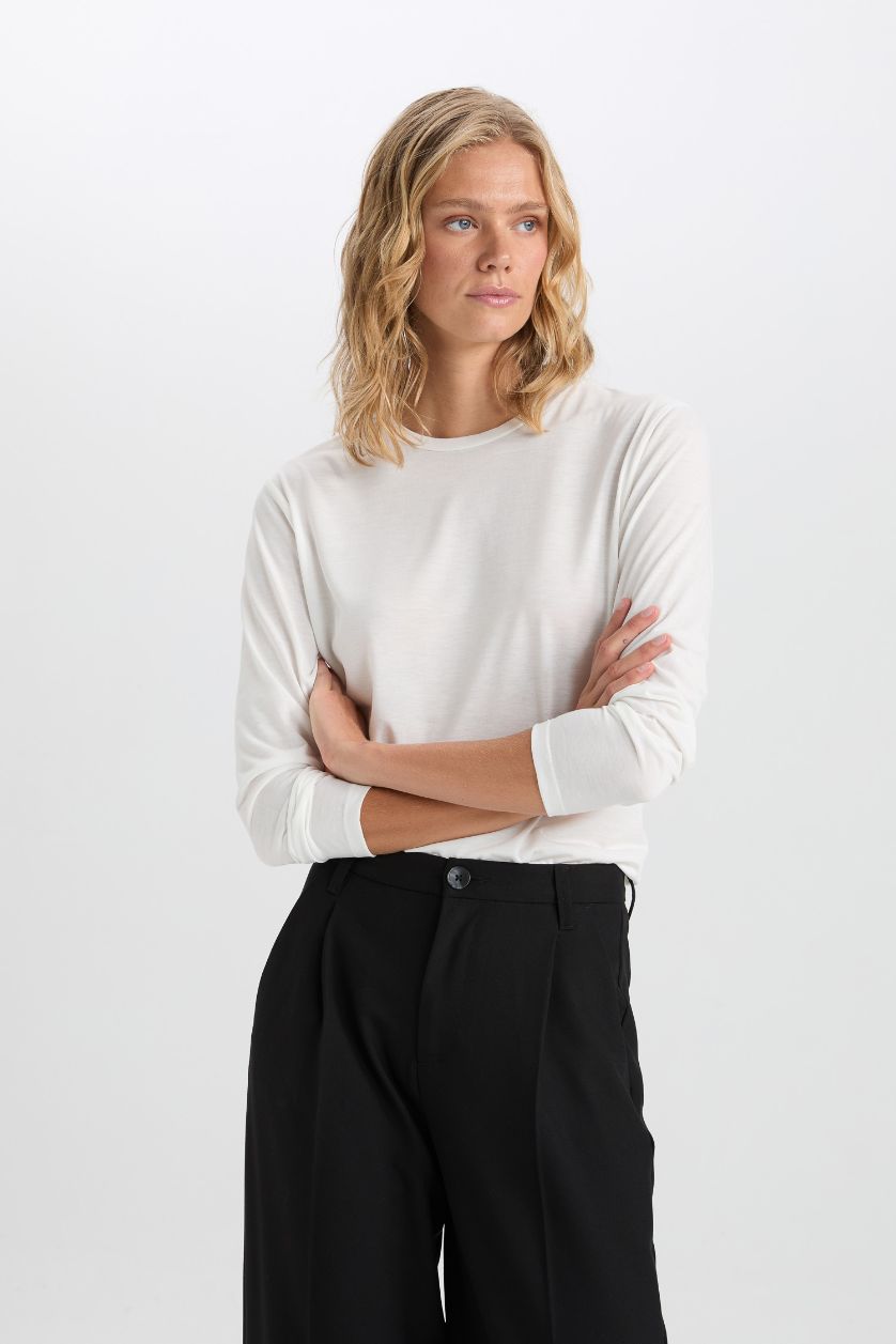 Kadın Ekru Regular Fit Bisiklet Yaka Basic Düz Casual Uzun Kollu Tişört