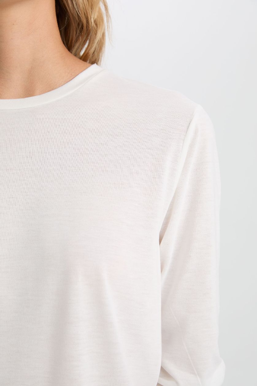 Kadın Ekru Regular Fit Bisiklet Yaka Basic Düz Casual Uzun Kollu Tişört