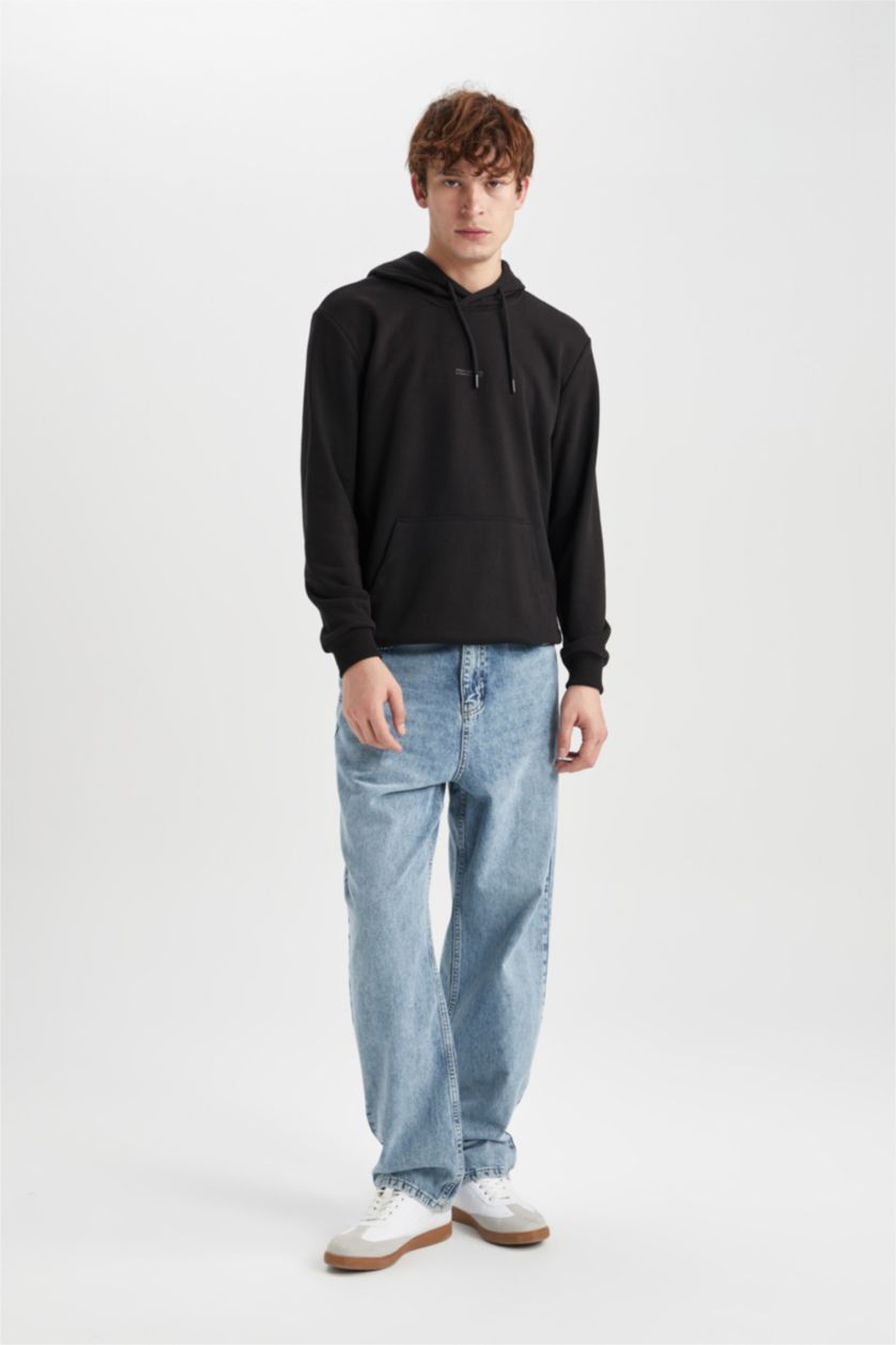 HOMME Noir Sweat- Shirt Coupe Régulière Encapuchonné