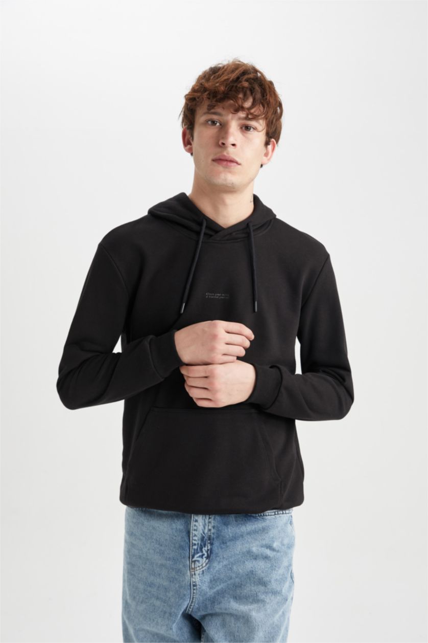 HOMME Noir Sweat- Shirt Coupe Régulière Encapuchonné