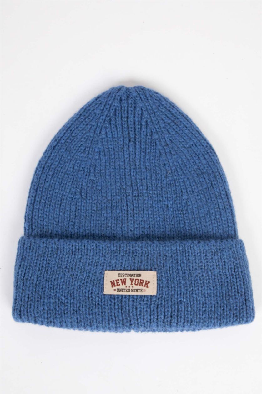 Erkek Mavi Erkek Etiket Baskılı Triko Bere