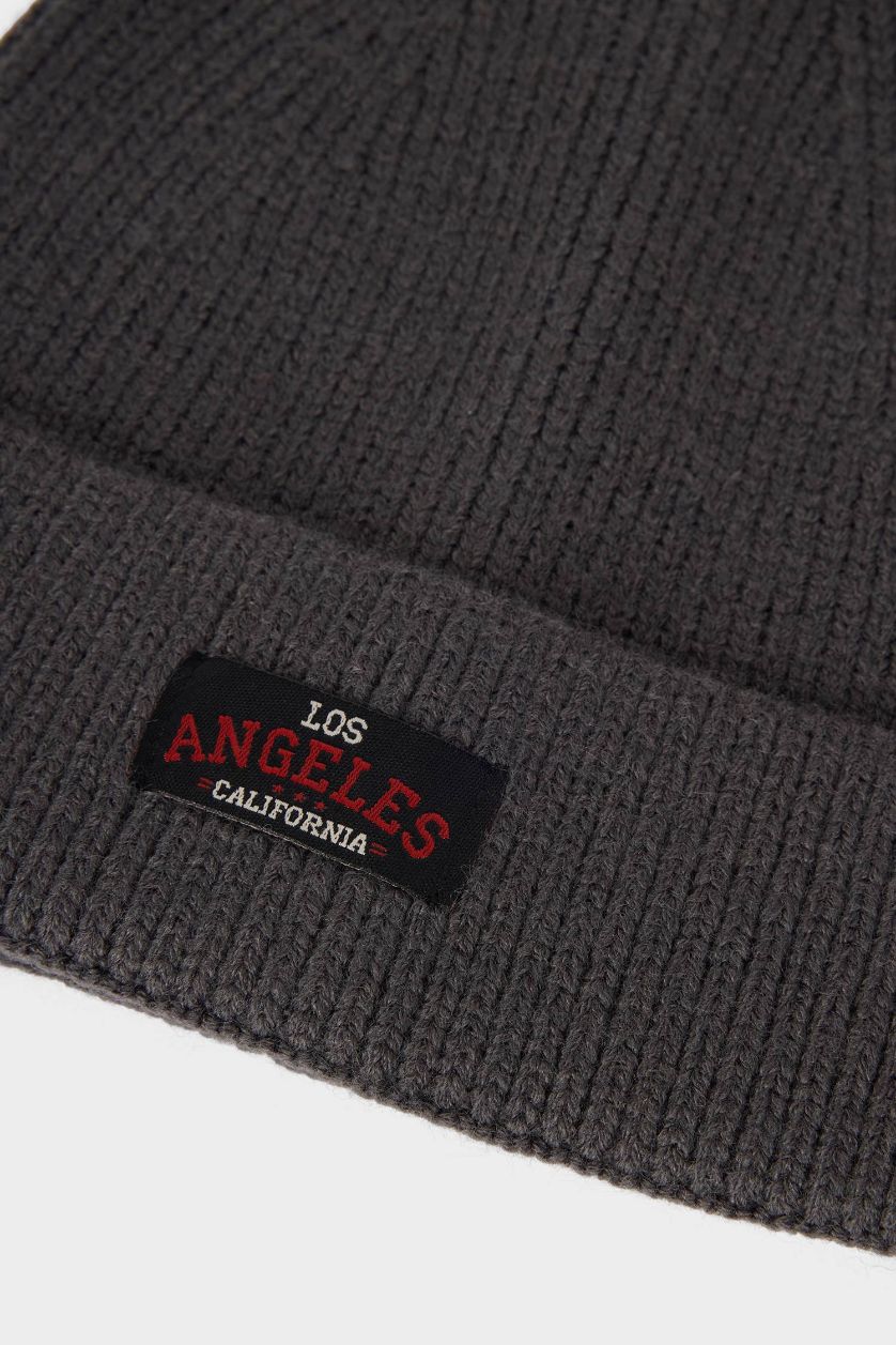 Erkek Antasit Melanj Erkek Etiket Baskılı Triko Bere