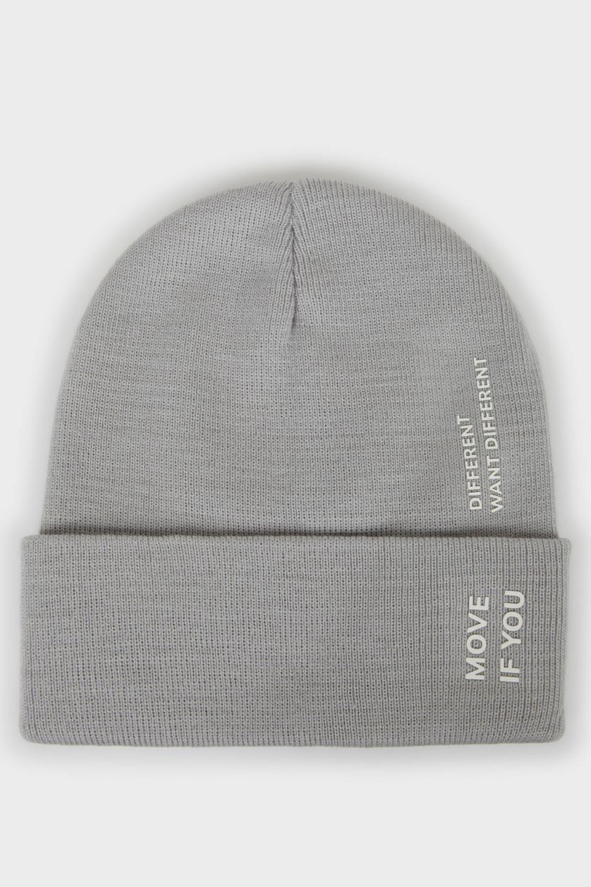 Erkek Açık Gri Erkek Baskılı Triko Bere