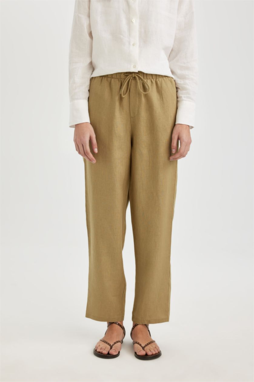 نساء زيتوني بنطرون كتان جوجر انكيل بجيب وخصر عالي