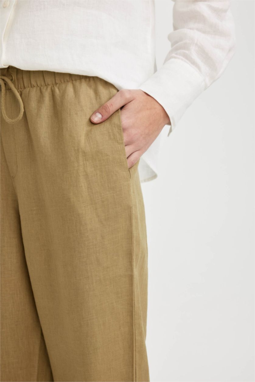 نساء زيتوني بنطرون كتان جوجر انكيل بجيب وخصر عالي