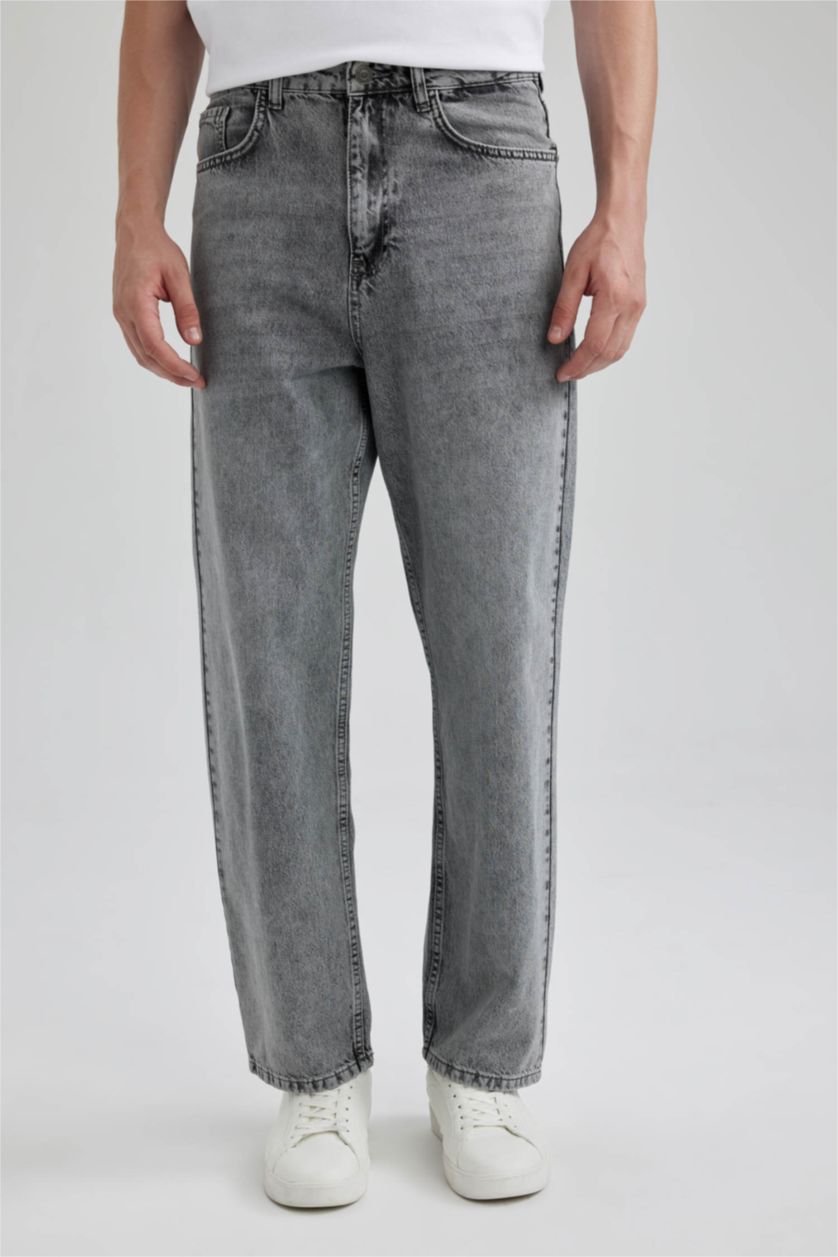 Erkek Gri Baggy Geniş Kalıp Normal Bel Geniş Paça Jean Pantolon