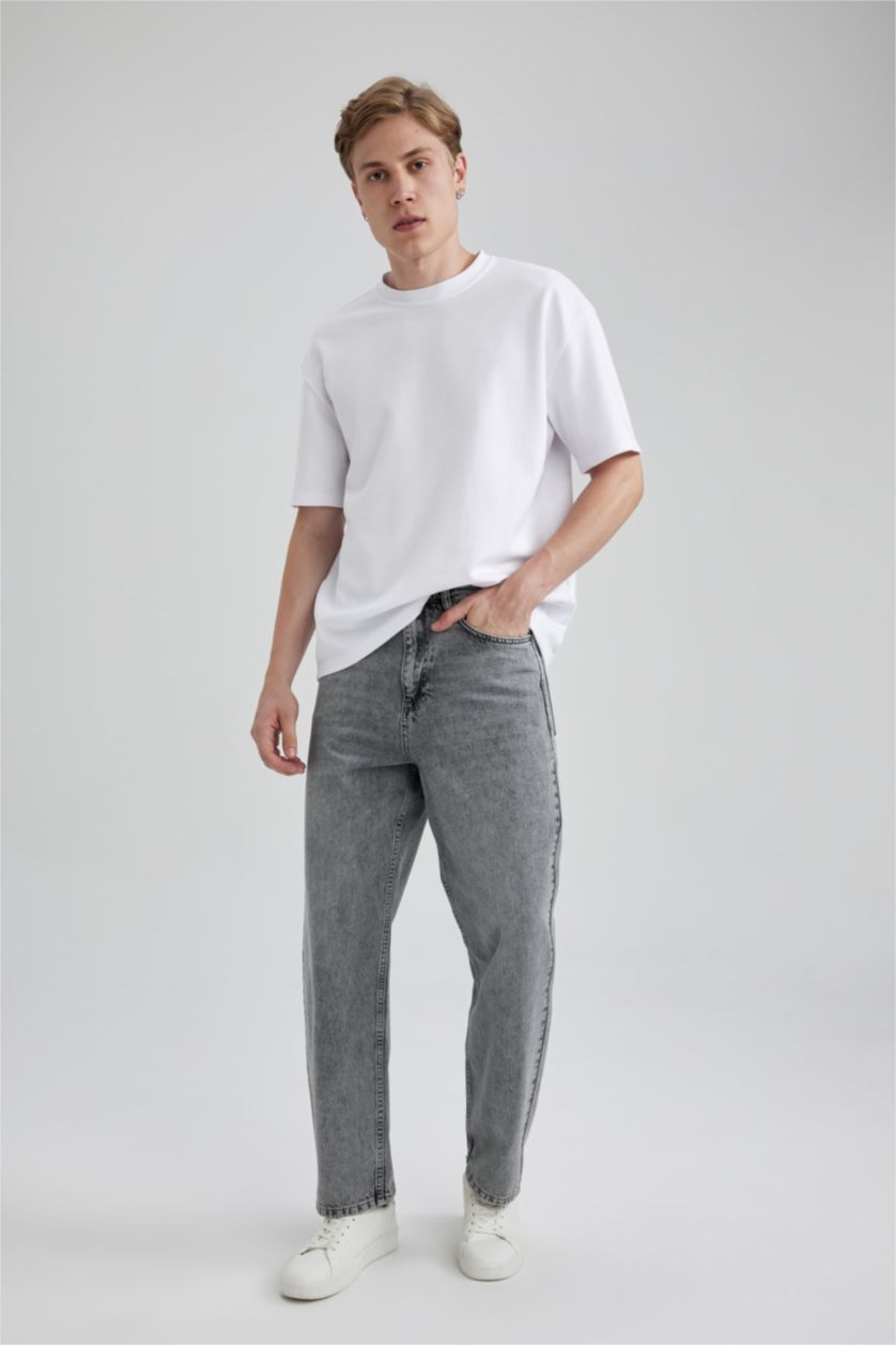 Erkek Gri Baggy Geniş Kalıp Normal Bel Geniş Paça Jean Pantolon