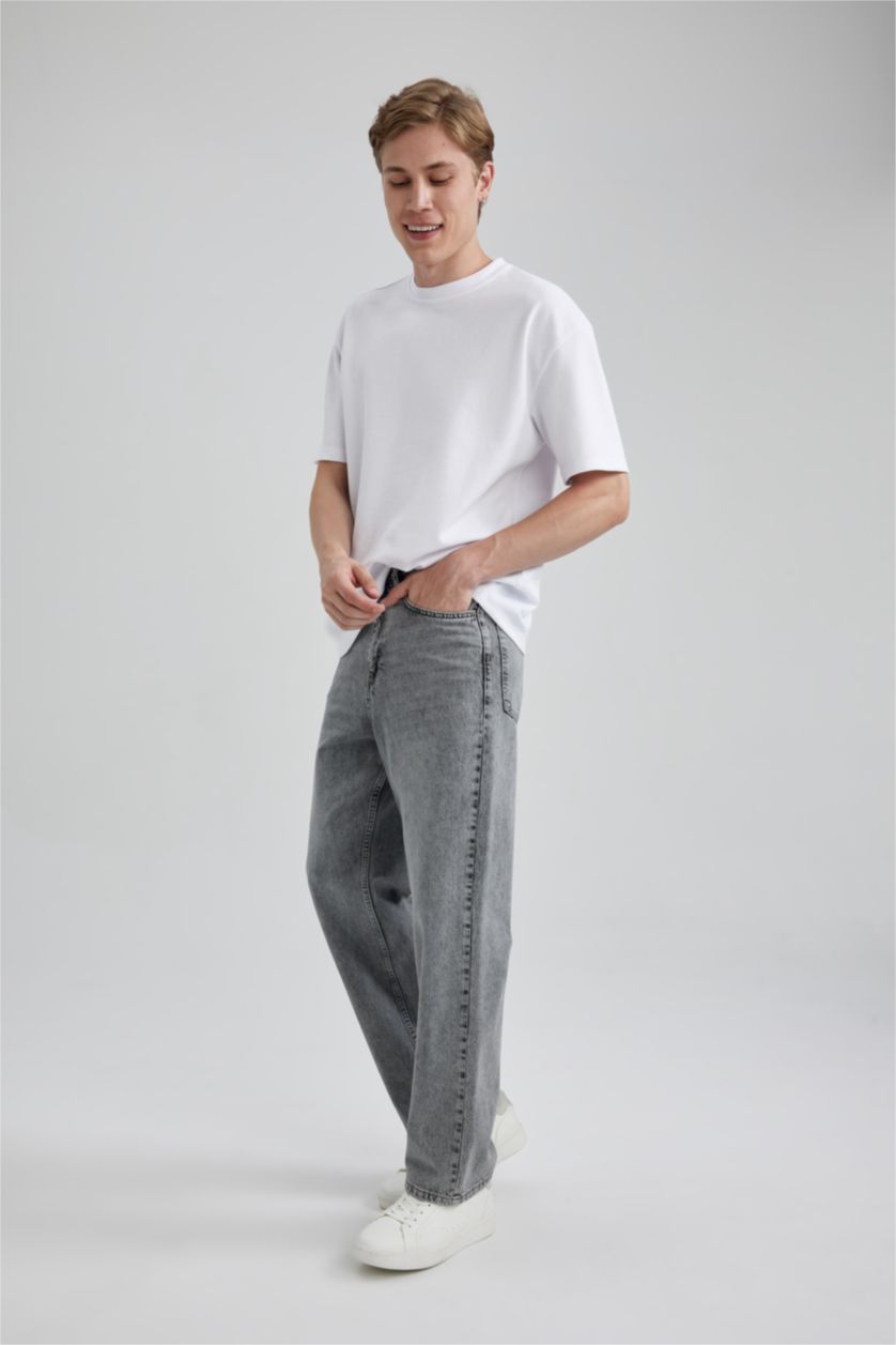 Erkek Gri Baggy Geniş Kalıp Normal Bel Geniş Paça Jean Pantolon