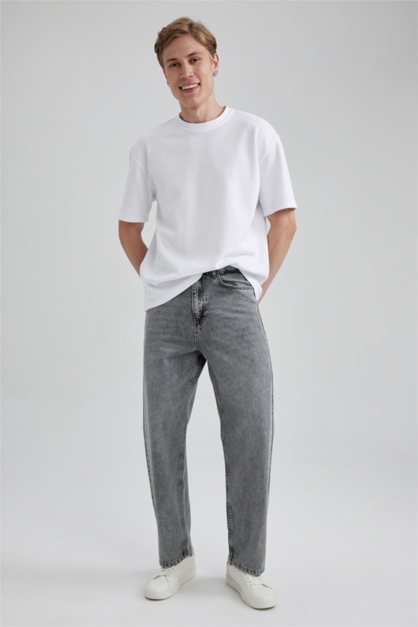 Erkek Gri Baggy Geniş Kalıp Normal Bel Geniş Paça Jean Pantolon