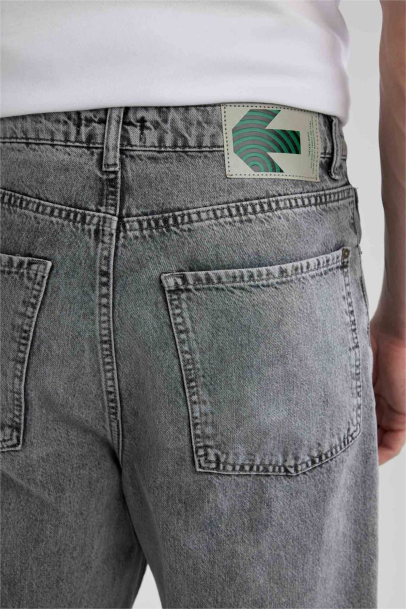 Erkek Gri Baggy Geniş Kalıp Normal Bel Geniş Paça Jean Pantolon