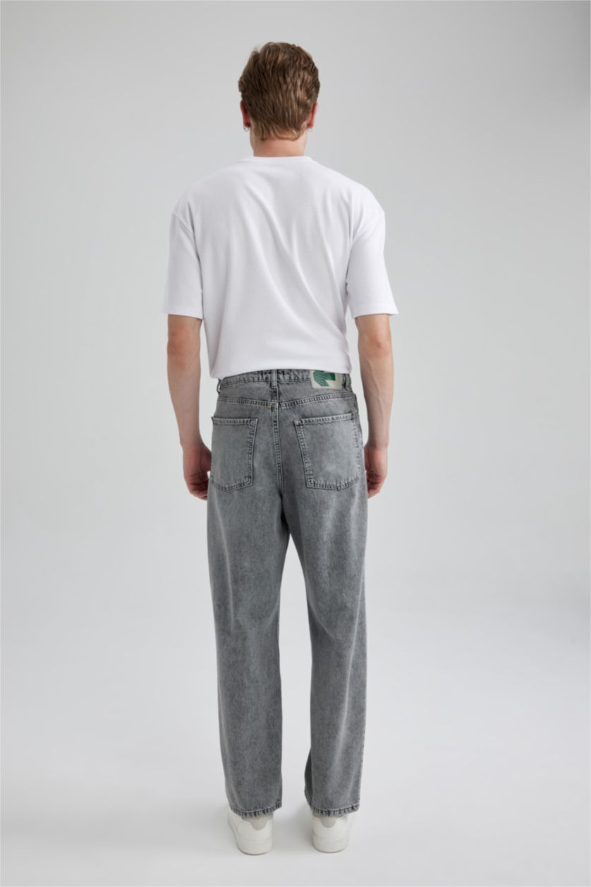 Erkek Gri Baggy Geniş Kalıp Normal Bel Geniş Paça Jean Pantolon