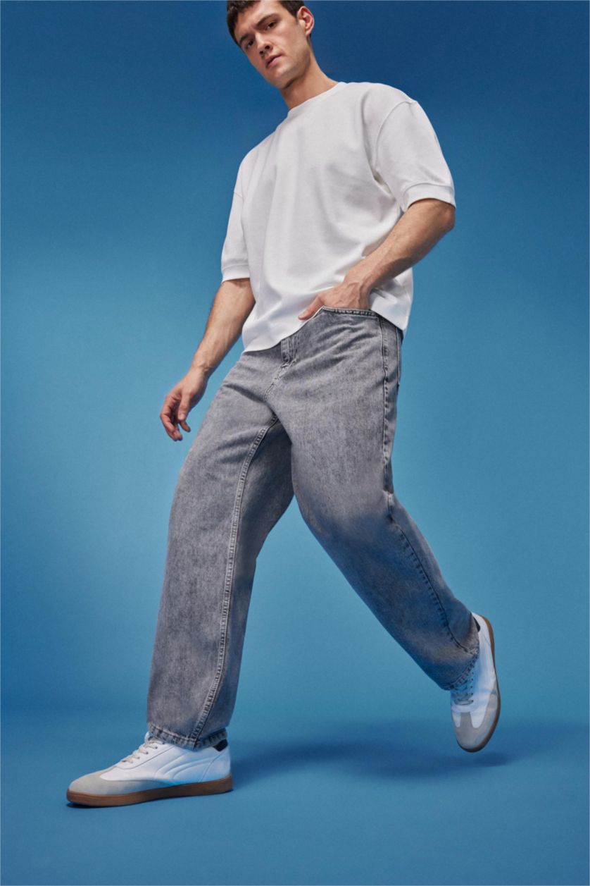 Erkek Gri Baggy Geniş Kalıp Normal Bel Geniş Paça Jean Pantolon