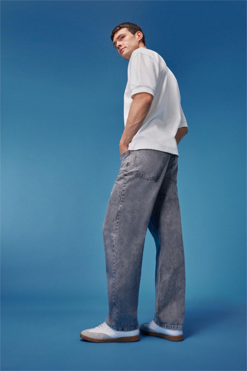 Erkek Gri Baggy Geniş Kalıp Normal Bel Geniş Paça Jean Pantolon