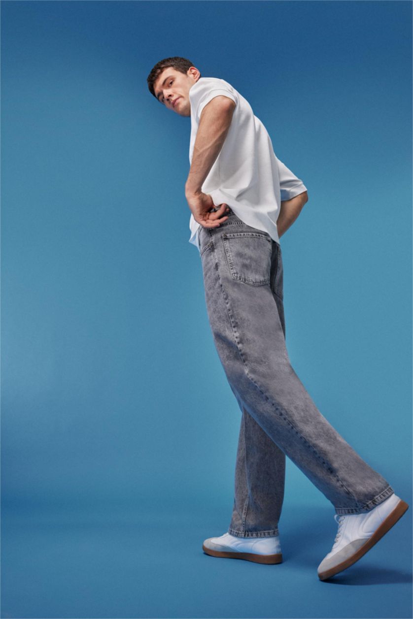 Erkek Gri Baggy Geniş Kalıp Normal Bel Geniş Paça Jean Pantolon