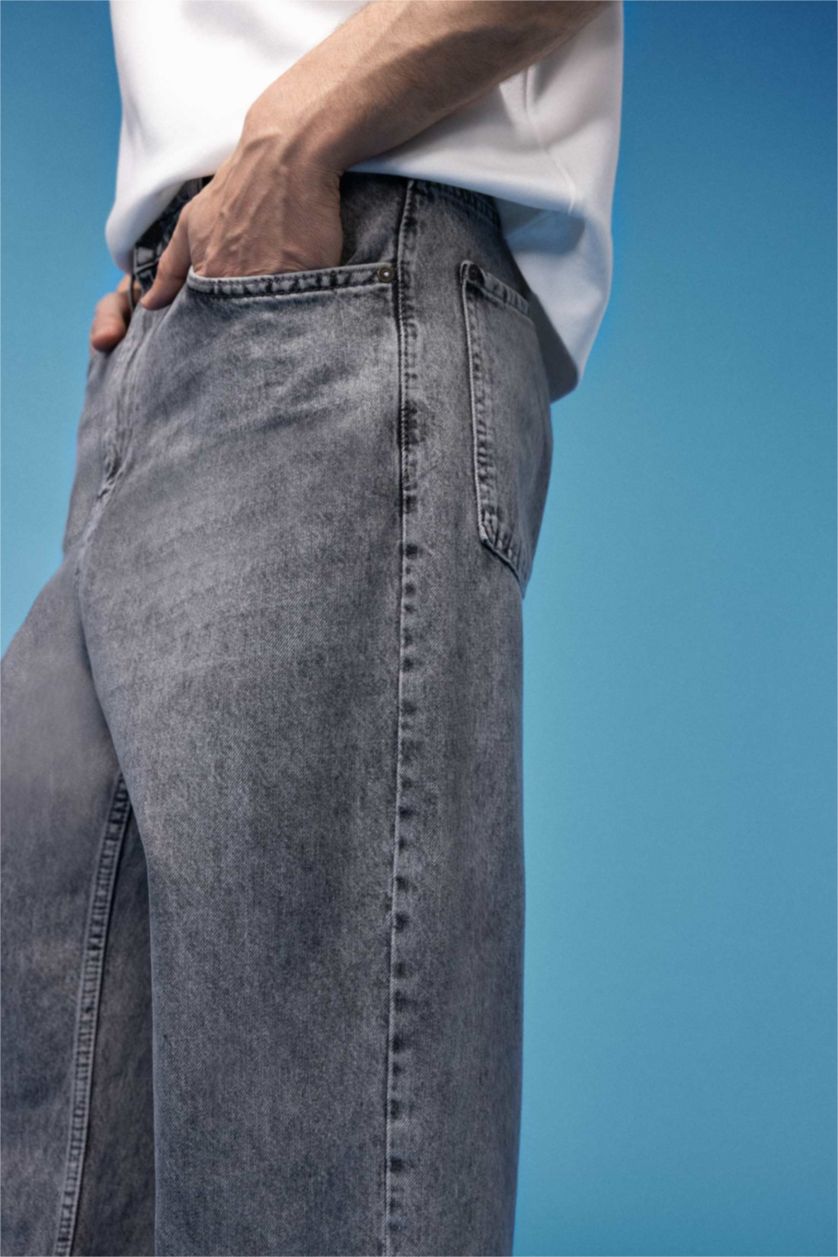 Erkek Gri Baggy Geniş Kalıp Normal Bel Geniş Paça Jean Pantolon