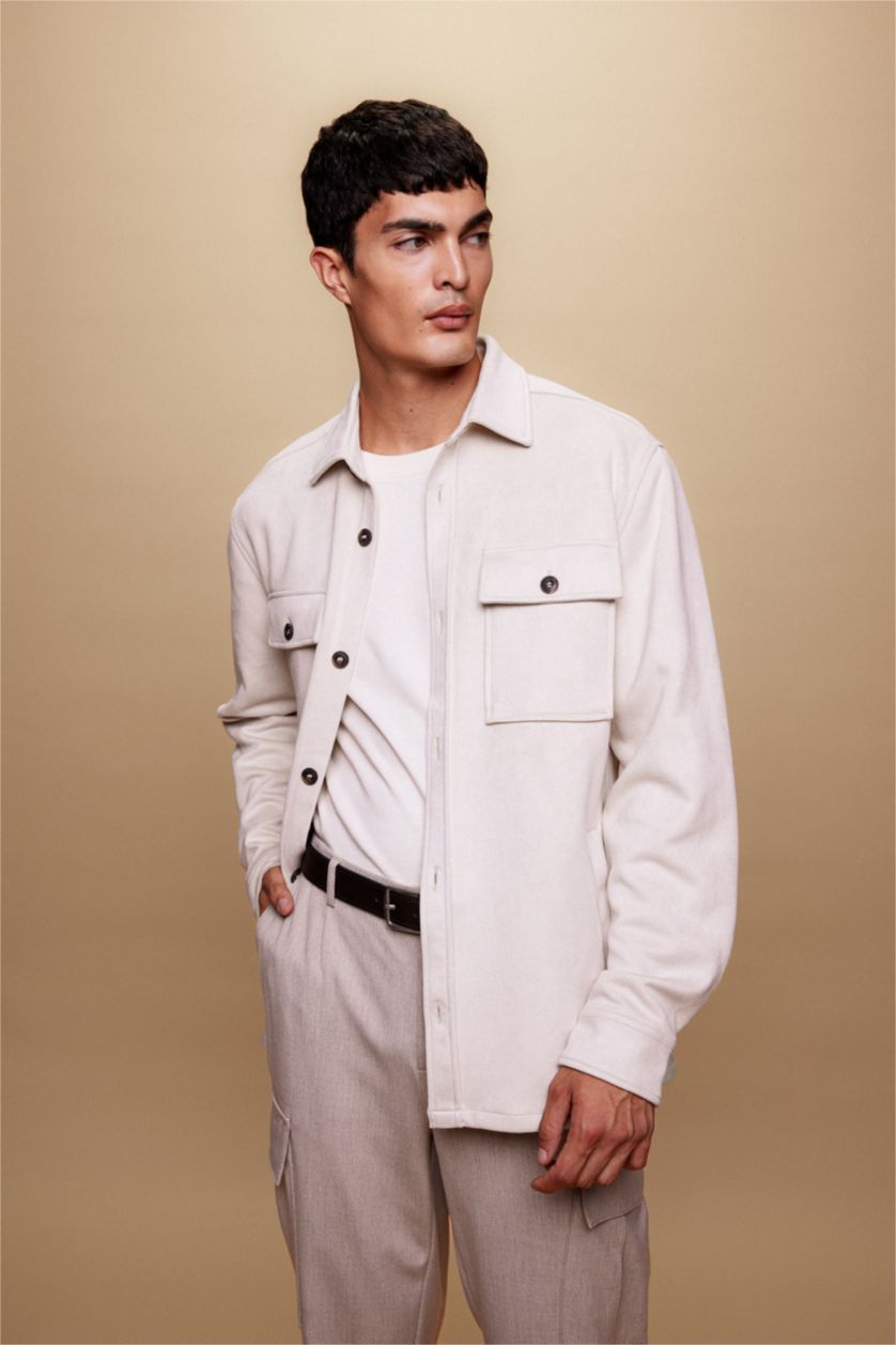 HOMME Écru Chemise Coupe Régulière À Manches Longues Col Polo