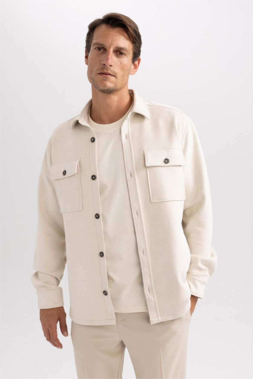 HOMME Écru Chemise Coupe Régulière À Manches Longues Col Polo