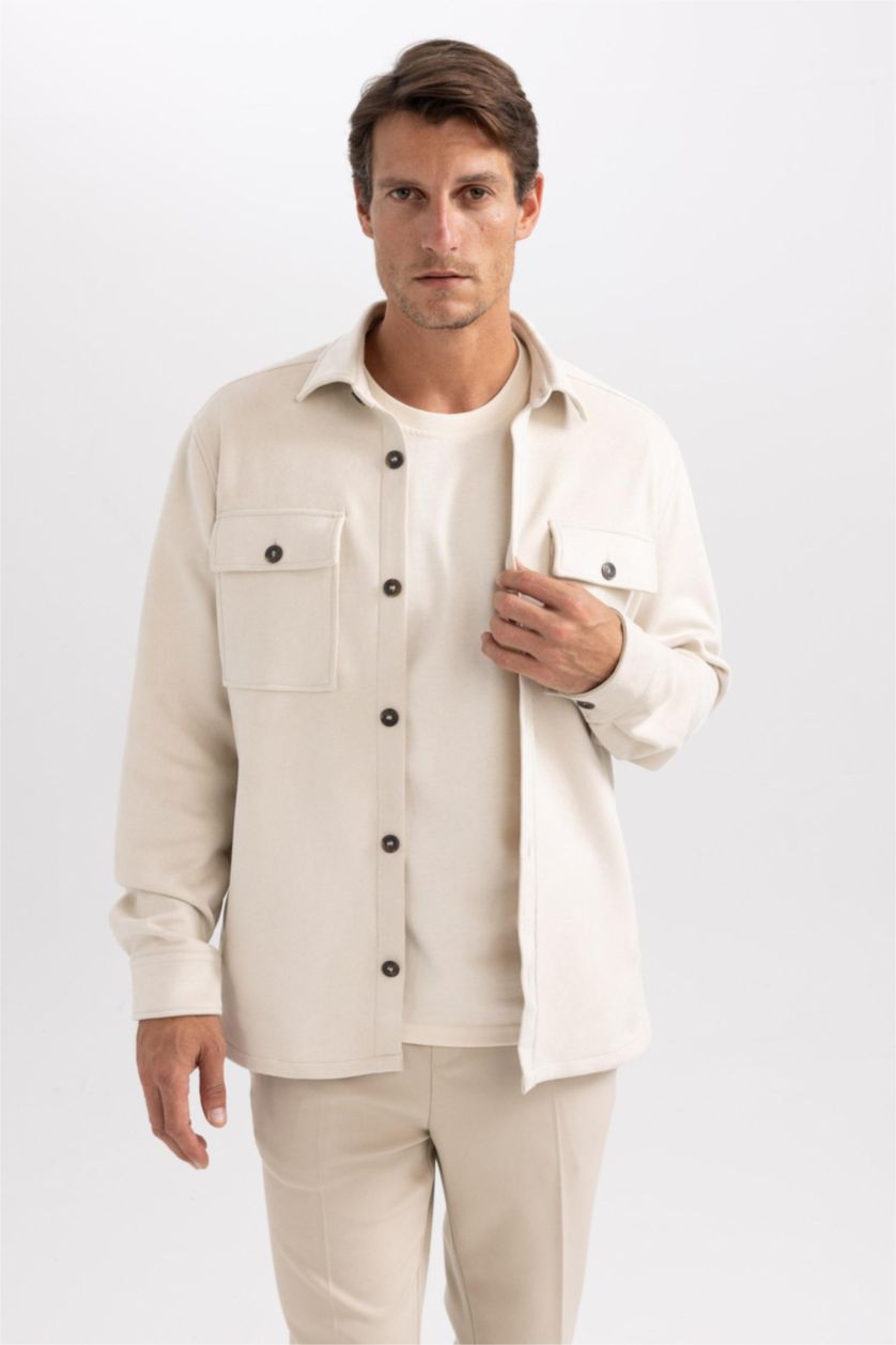 HOMME Écru Chemise Coupe Régulière À Manches Longues Col Polo