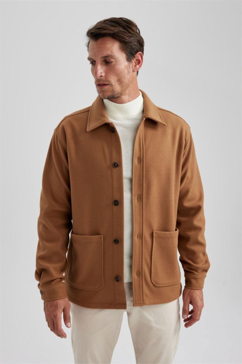 Erkek Tarçın Relax Fit Polo Yaka Yün Görünümlü Uzun Kollu Gömlek Ceket