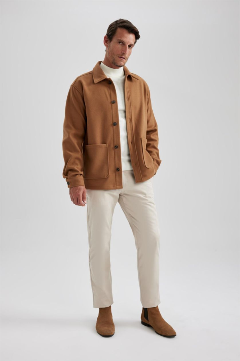 Erkek Tarçın Relax Fit Polo Yaka Yün Görünümlü Uzun Kollu Gömlek Ceket