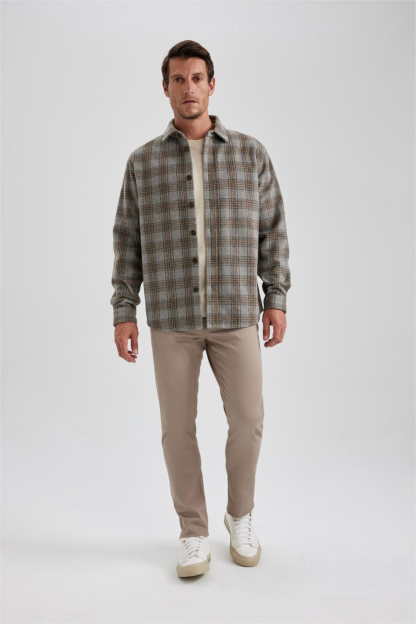 HOMME Gris Veste Chemise à Carreaux Coupe Relaxant En Tissu Épais Col Polo