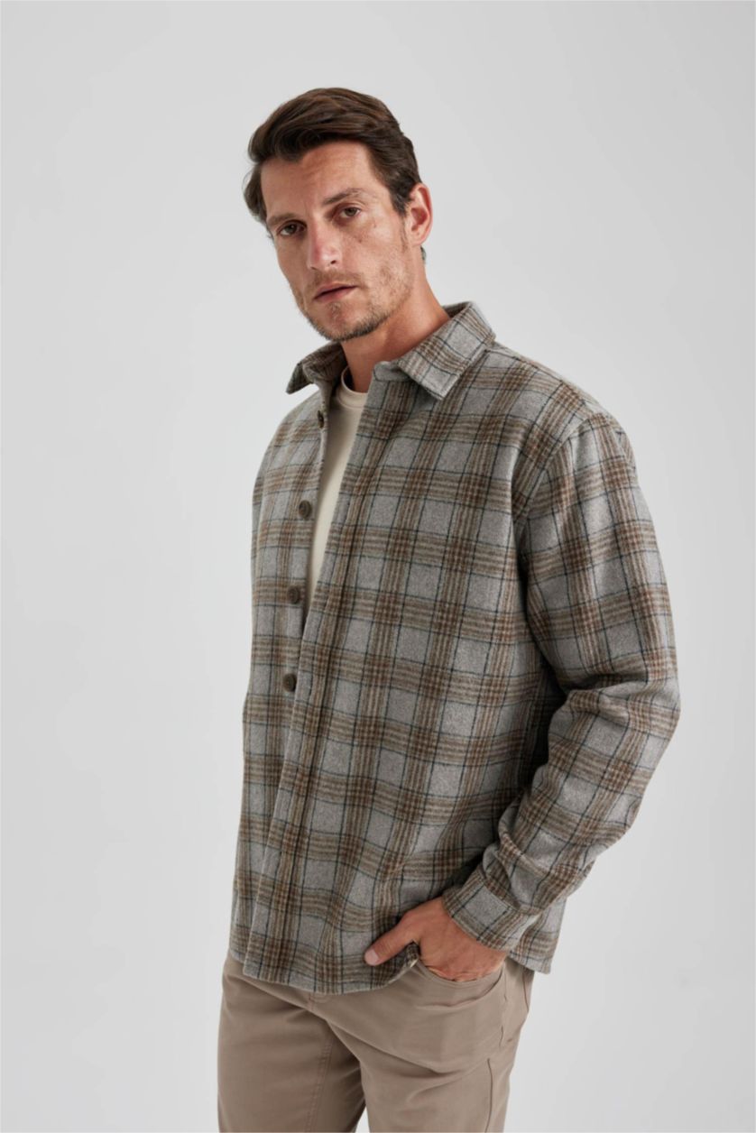 HOMME Gris Veste Chemise à Carreaux Coupe Relaxant En Tissu Épais Col Polo