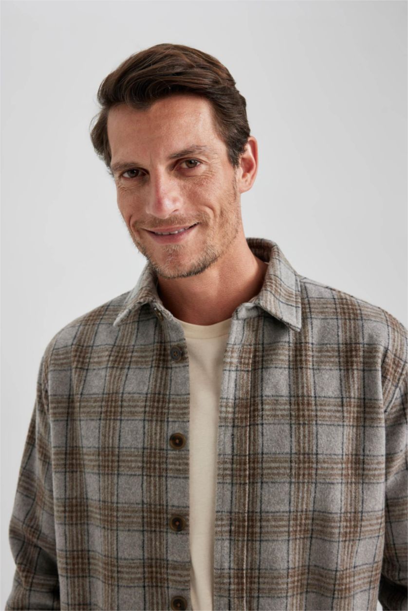 HOMME Gris Veste Chemise à Carreaux Coupe Relaxant En Tissu Épais Col Polo