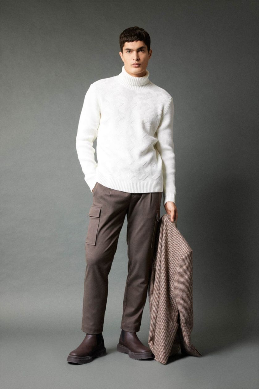 Man Light Brown jogger Regular Hem With Cargo Pocket Wool Look Trousers